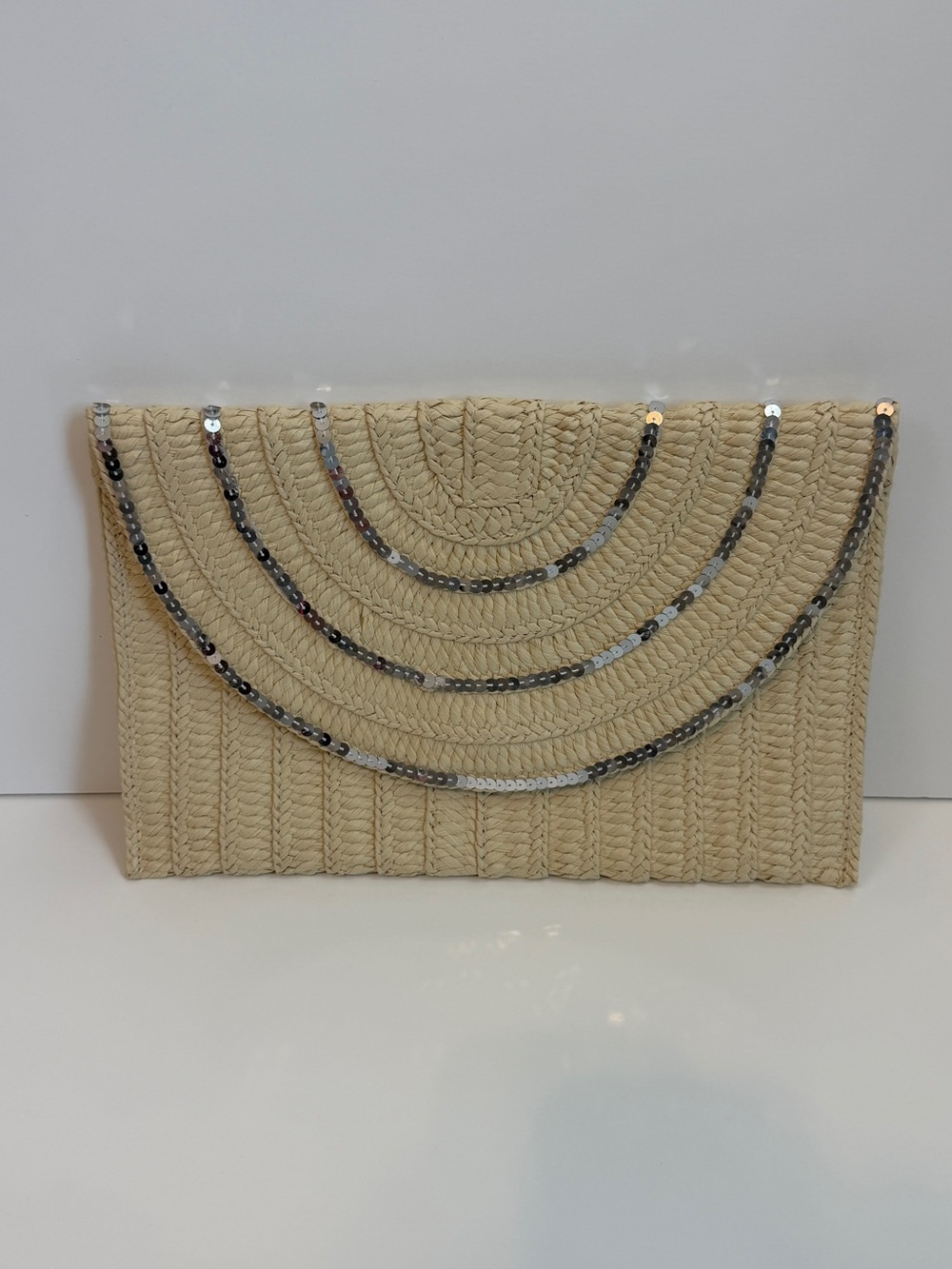 Lane Bryant Beige Straw Clutch with Silver Sequin Accents